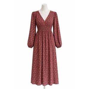 Umgee USA Red Floral V-Neck Maxi Dress Long Sleeve shimmery Metallic Accents Med